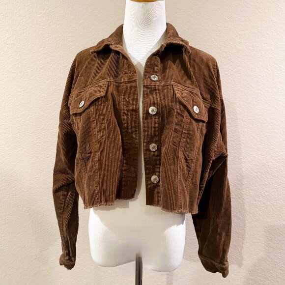 FOREVER21 Jacket Womens M Corduroy Frayed Cropped Button Front Brown - Picture 1 of 14
